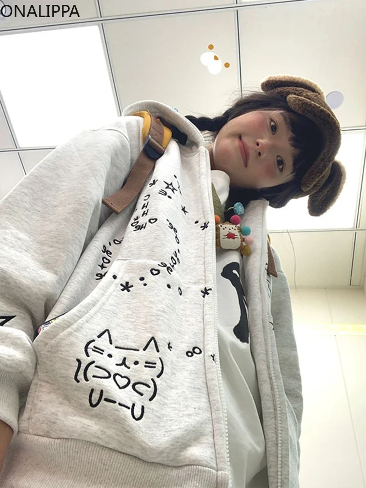 Onalippa Cartoon Embroidery Oversized Sweatshirt Hooded Chic Design Kawaii Hoodie Women Korean Slouchy Style Zip Up Cardigan