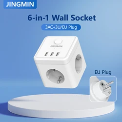 JINGMIN Wall Socket Extender with 3 AC Outlets 3 USB Ports 6-in-1 EU Plug Charger On/Off Electrical Power Strip Switch For Home