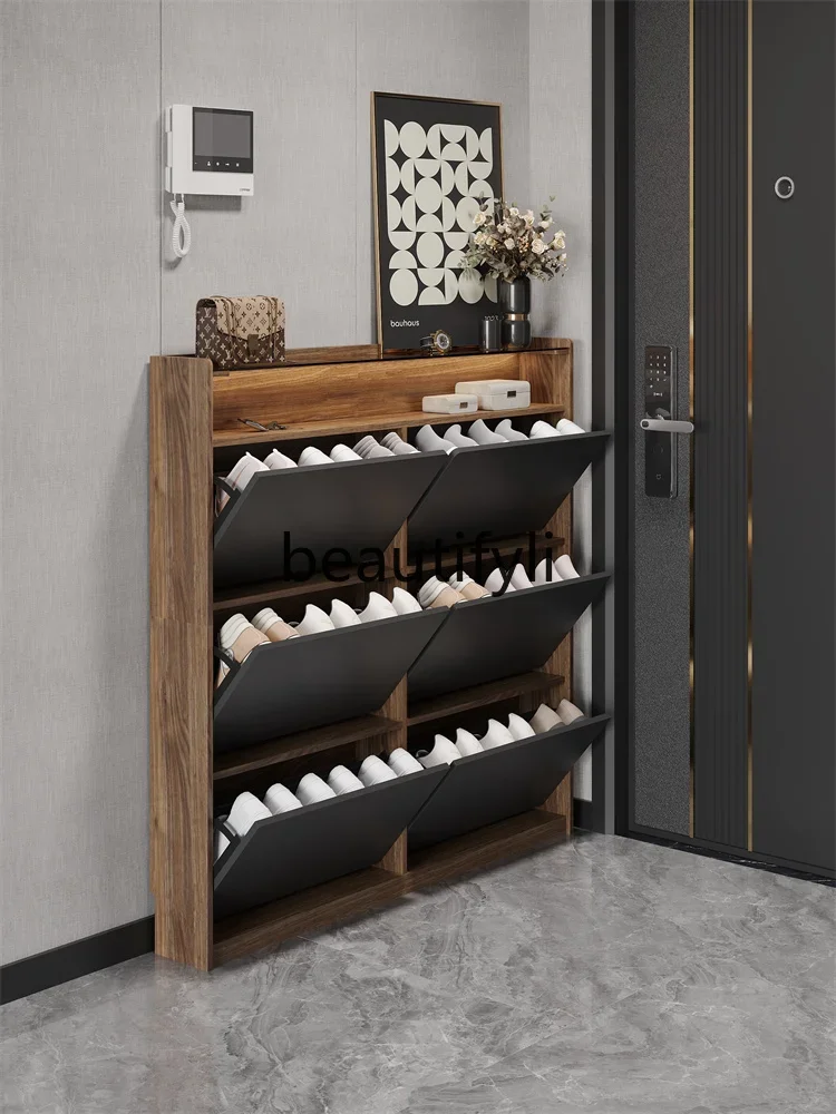 

D2520 Simple and modern ultra-thin tipping bucket shoe cabinet 17CM narrow household door porch cabinet integrated walnut wall c