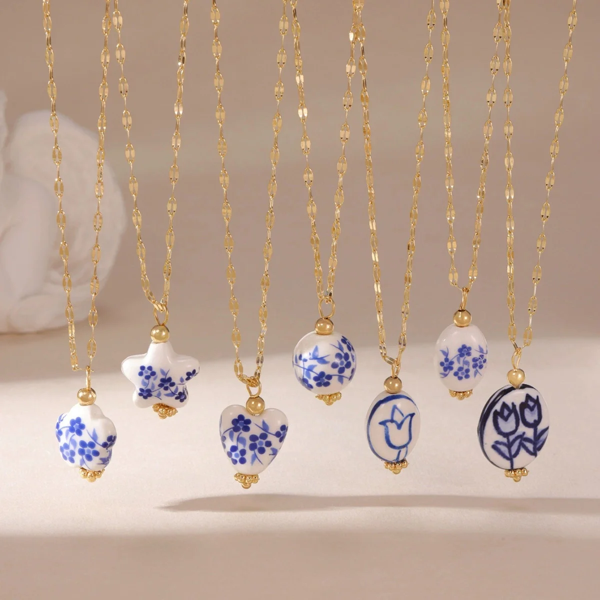 Chinese Style Printed Porcelain Star Necklace Notional Ceramic Heart Oval Necklaces for Women Gift