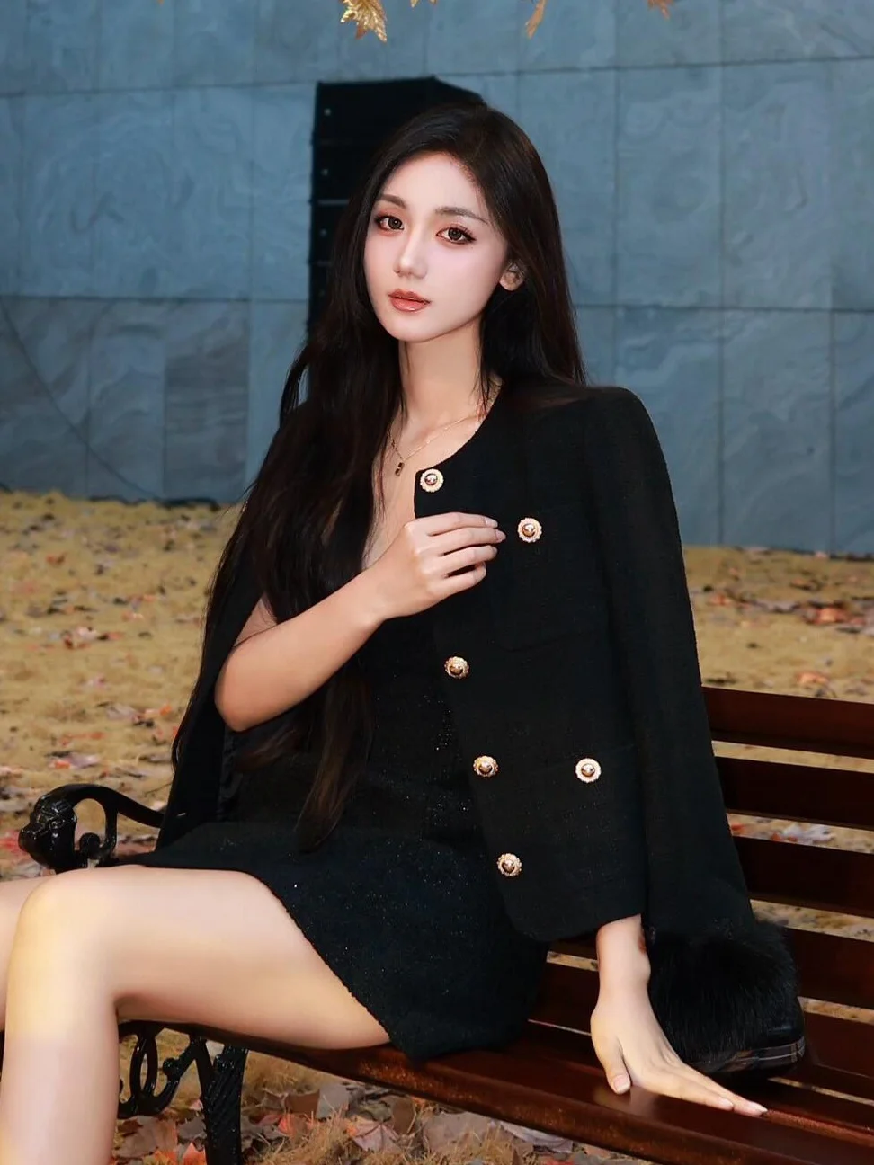 

Black Woolen pro Version Outerwear Top for Christmas Party Travel Sweet Style High Waist round Neck Short Skirt Dress