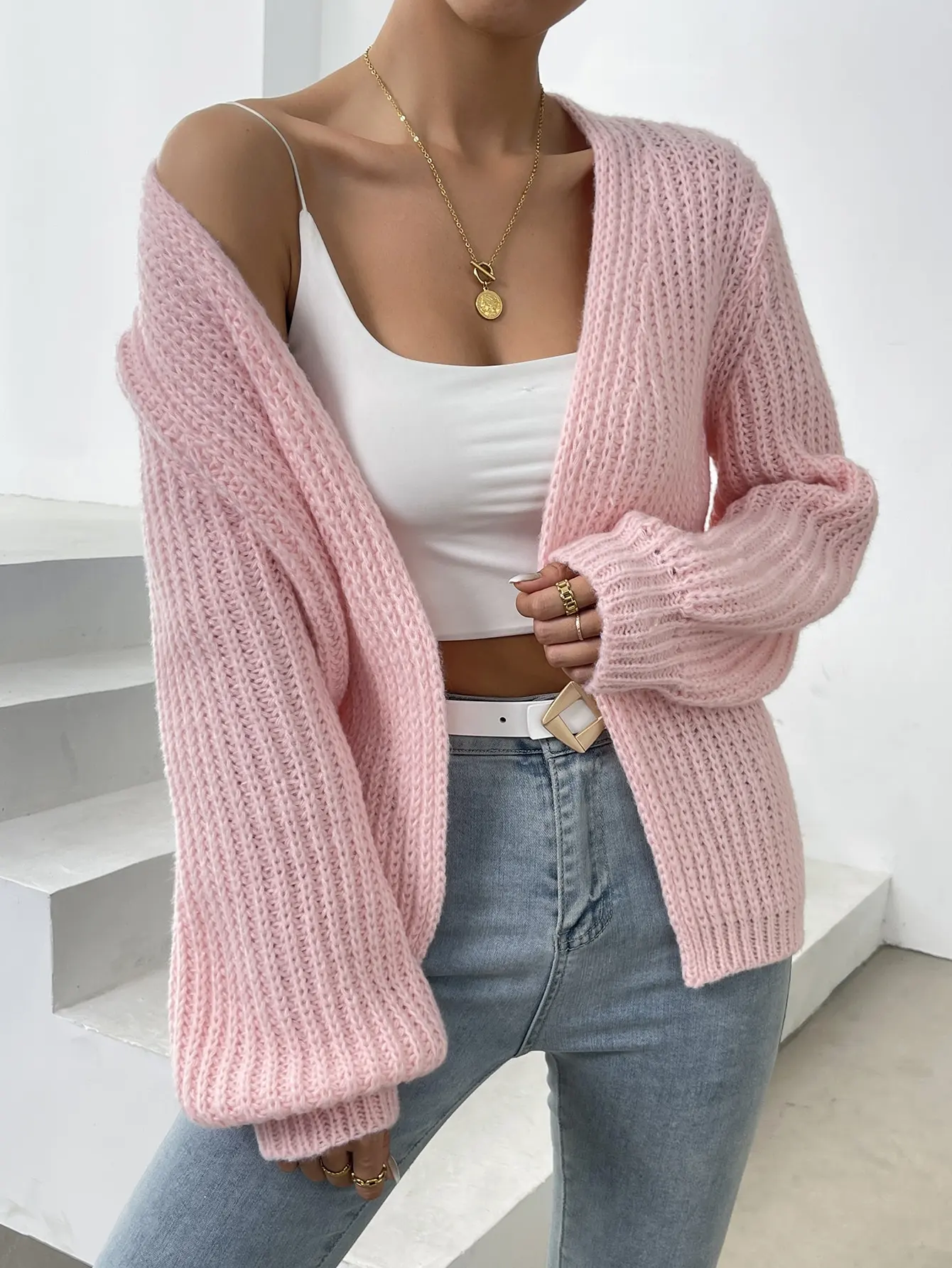 Autumn Winter New  Fashion Women Loose Knitted Cardigan Hot Pink Lantern Sleeve Casual Outerwear Solid Color Sweater Coat