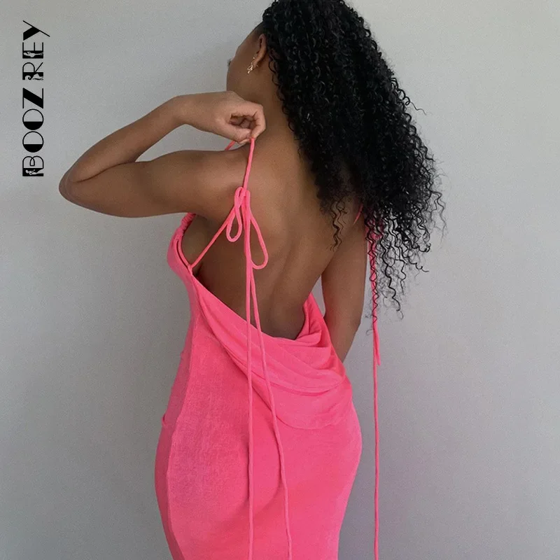 BoozRey Halter Sexy Backless Draped Maxi Dress for Women 2022 Summer Elegant Fashion Party Long Straps Shift Dresses Clothes