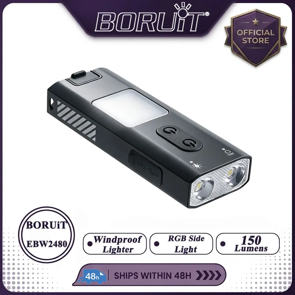 BORUIT 2480 150LM Multifunctional EDC Flameless Lighter Flashlight Windproof RGB LED Auxiliary Light Cap Clip Keychain Torch