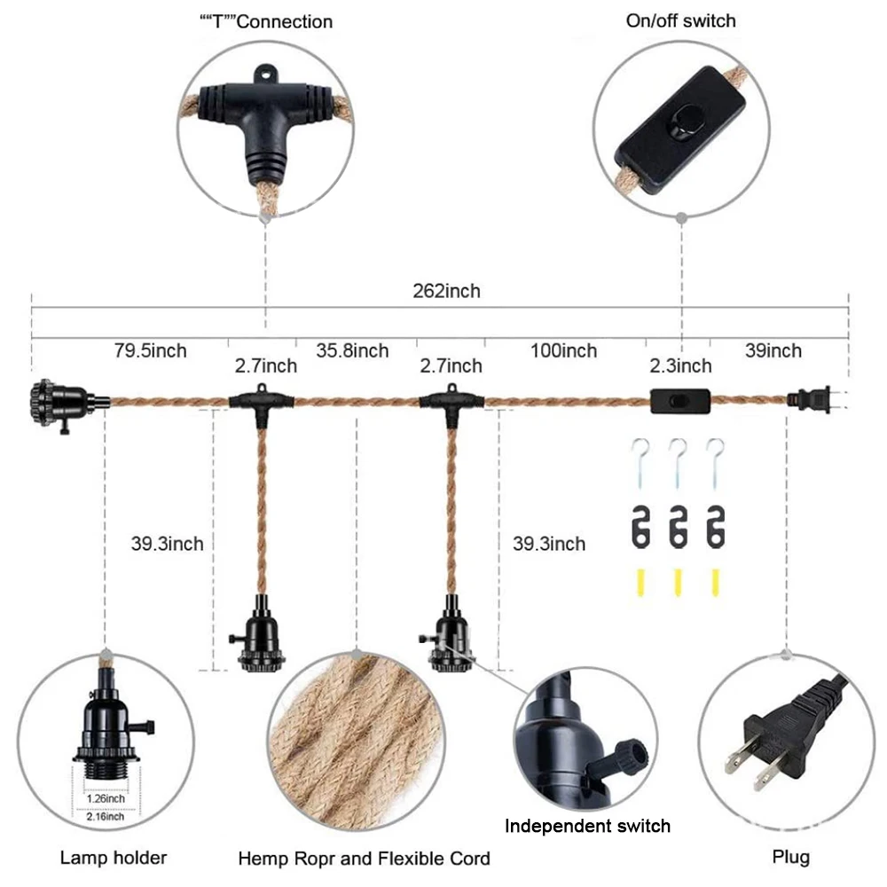 4.5M/6.8M E27 Lamp Base Power Cord EU/US Plug Hemp Rope Electrical Wire Socket Vintage ON/OFF Switch Cable For Pendant Light