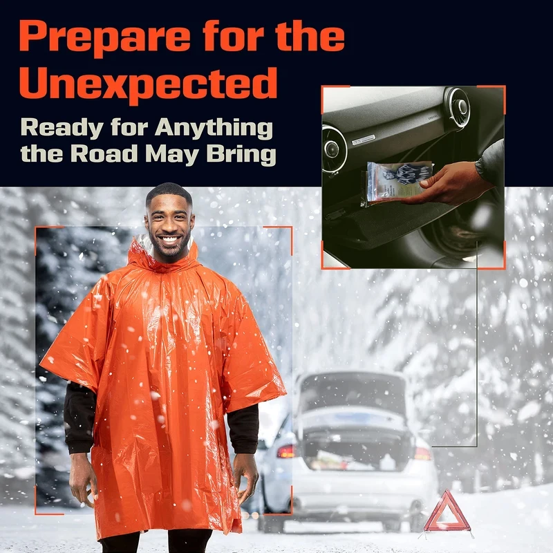 Poncho de pluie d'urgence à capuche en aluminium, imperméable en PE, couverture de survie chaude pour le camping et les activités de plein air