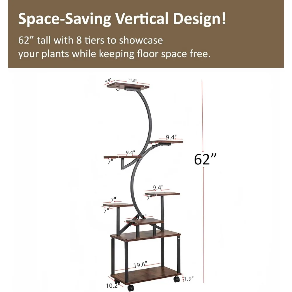 8-Tiered Indoor Plant Stand with 5 Grow Lights, Stepless Dimming, Durable Metal Frame, 62