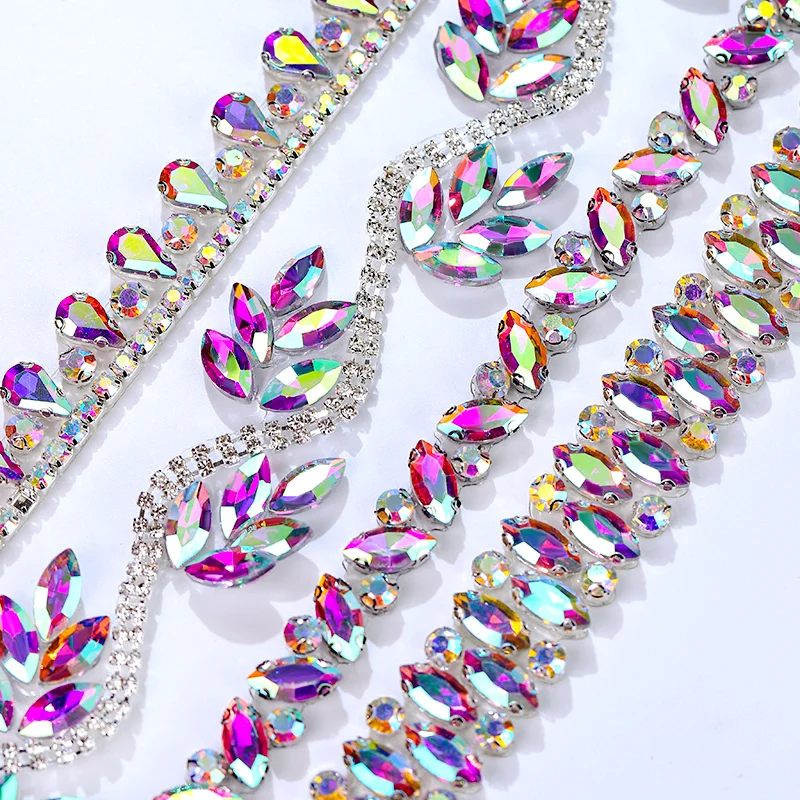 QIAO adorno de diamantes de imitación cristal AB cinta de fijación en caliente malla brillante apliques de diamantes de imitación embellecedor para vestido decoración de boda artesanía DIY