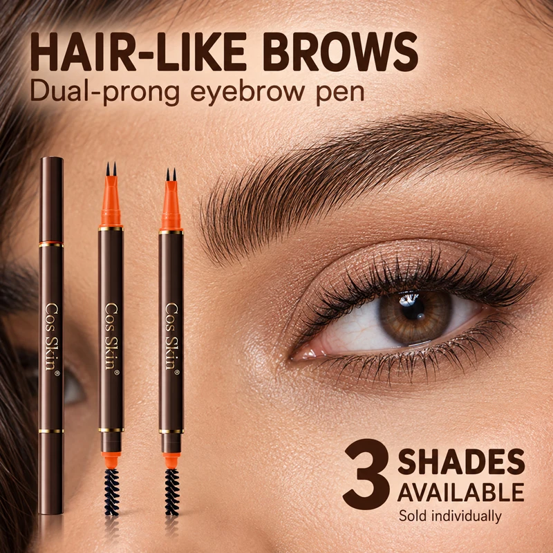 COS SKIN 2-Prong Liquid Eyebrow Pen with Spoolie Brush, Waterproof Eyebrow Makeup for Natural Hair-Like Strokes, Long-Lasting Transfer-Proof Formula, Dual-Ended Brow Pen for Shaping and Filling Sparse Brows, Choose Black, Natural Gray or Dark Brown, 1 Pen