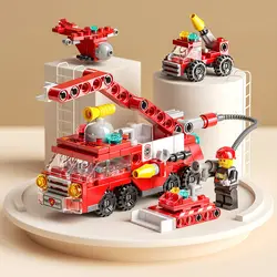 Small particle mini fire truck police car series children's puzzle toys military building blocks boy assembly