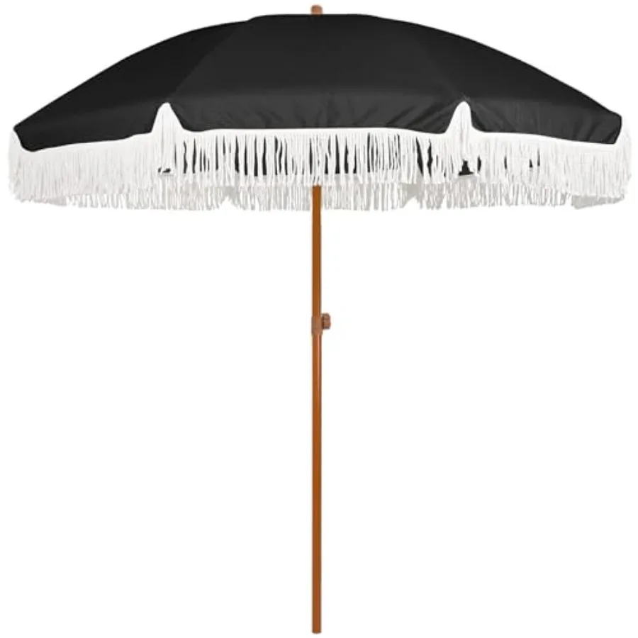 

7ft Patio Umbrella with Fringe Outdoor Tassel Umbrella UPF50+ Premium Steel Pole and Steel Ribs Push Button Tilt Black