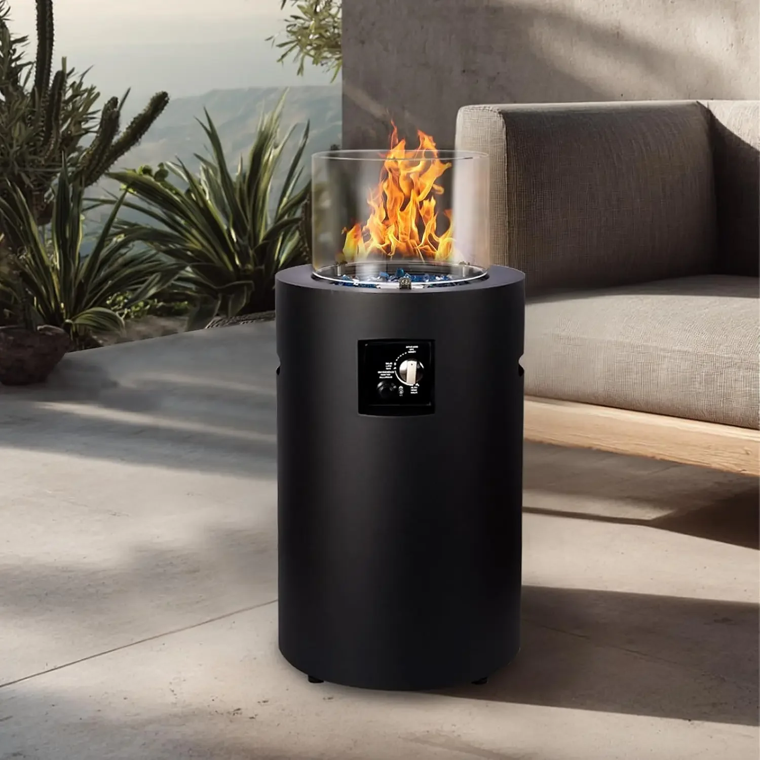 Small Propane Fire Pit Outside, 17 inch Gas Fire Pit Round Fire Column | 50,000 BTU Gas Firepit w/Wind Glass Shield, Glass Rocks