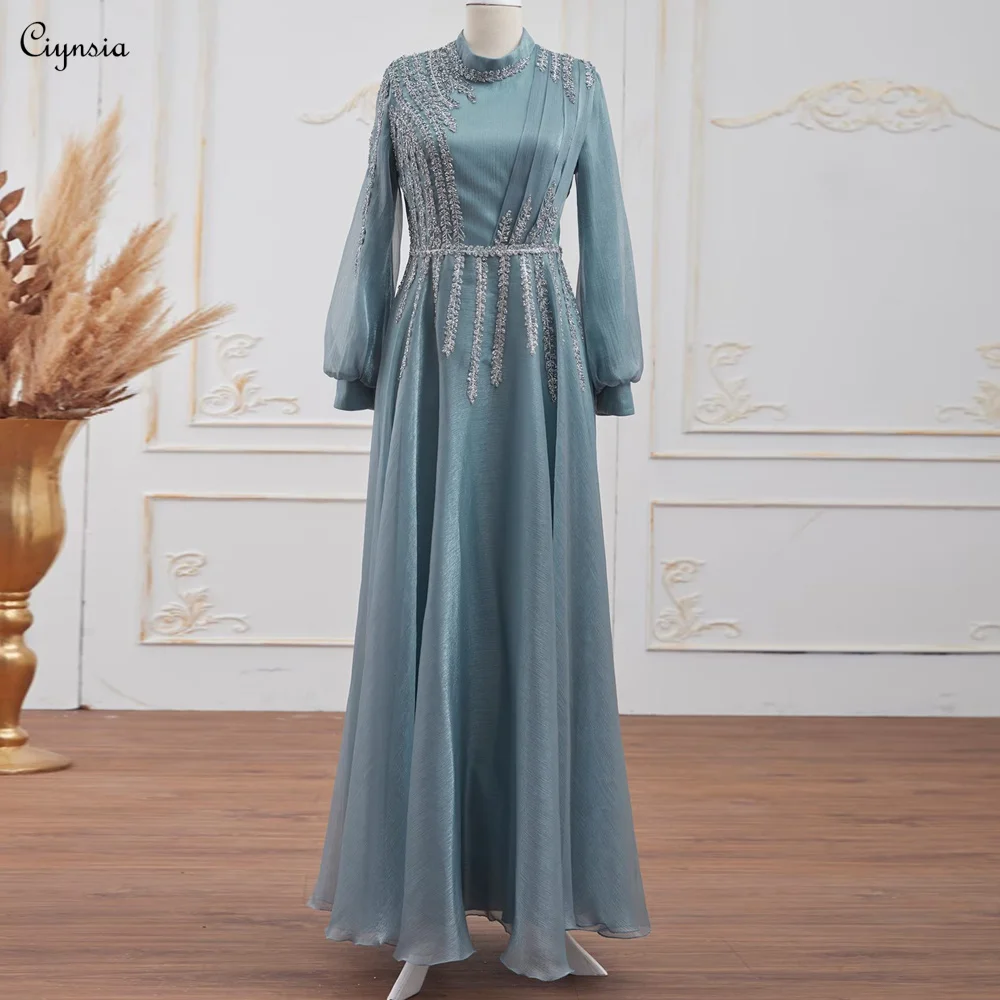 Ciynsia Elegant Long Sleeve Arabic Evening Dress High Neck Muslim Moroccan Caftan Formal Party Gown Appliques Dubai Prom Dresses