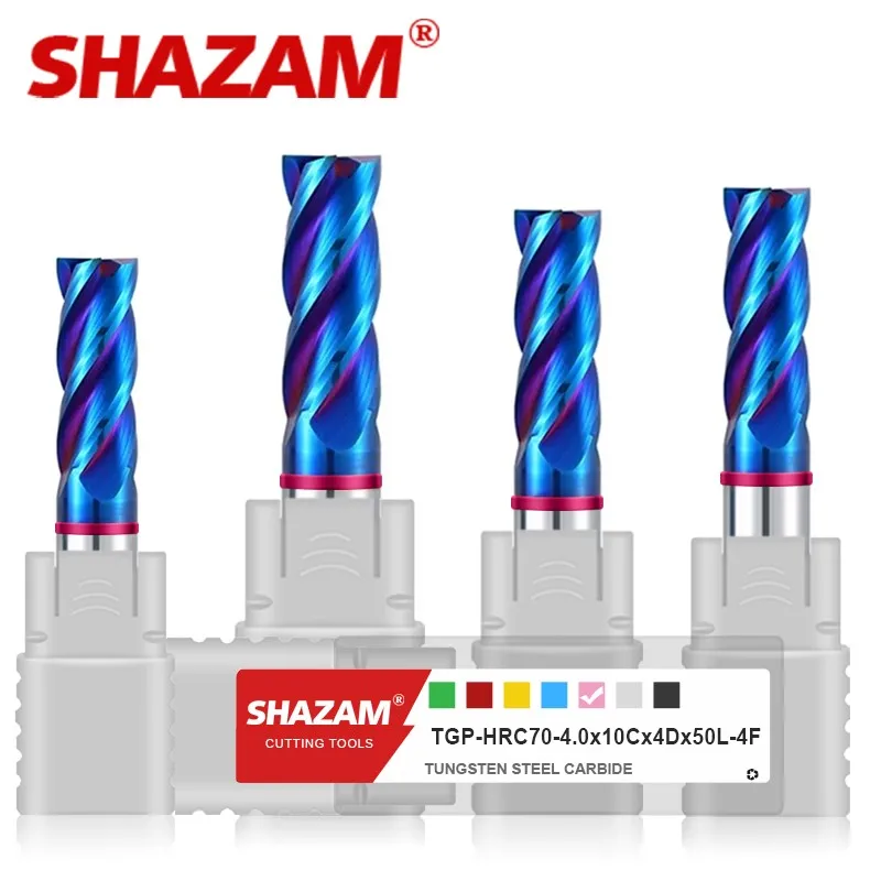 SHAZAM TGP-HRC70 CNC 기계식 엔드밀용 텅스텐 스틸 카바이드 블루 코팅 밀링 커터, 4F 컬러 서클 플랫 엔드 밀