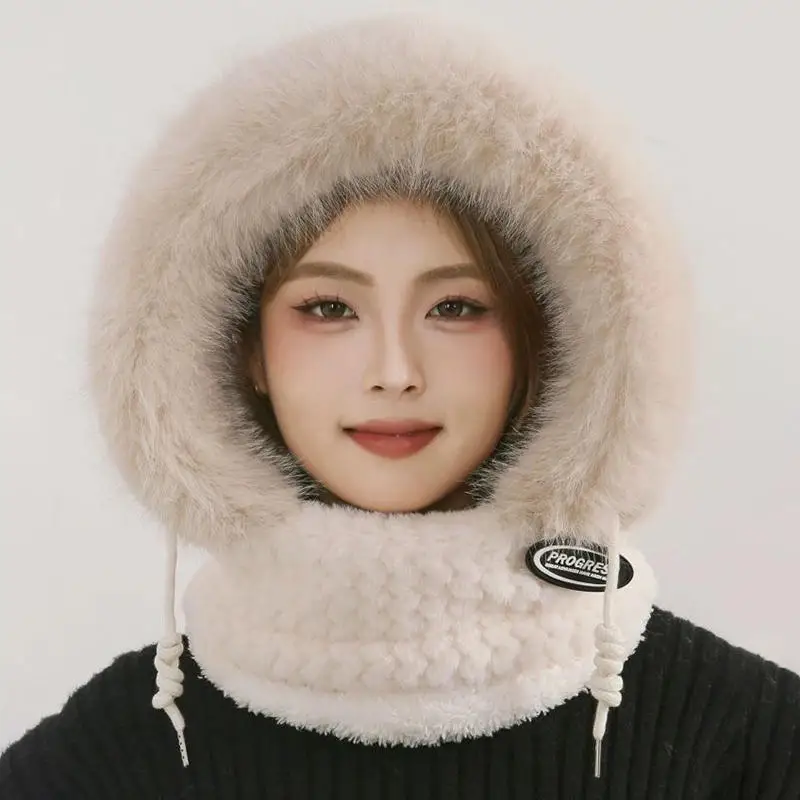 الخريف والشتاء المرأة الحرارية أفخم قبعة هود وشاح وقناع حماية الأذن يندبروف تصميم سميك لركوب الخيل في الهواء الطلق