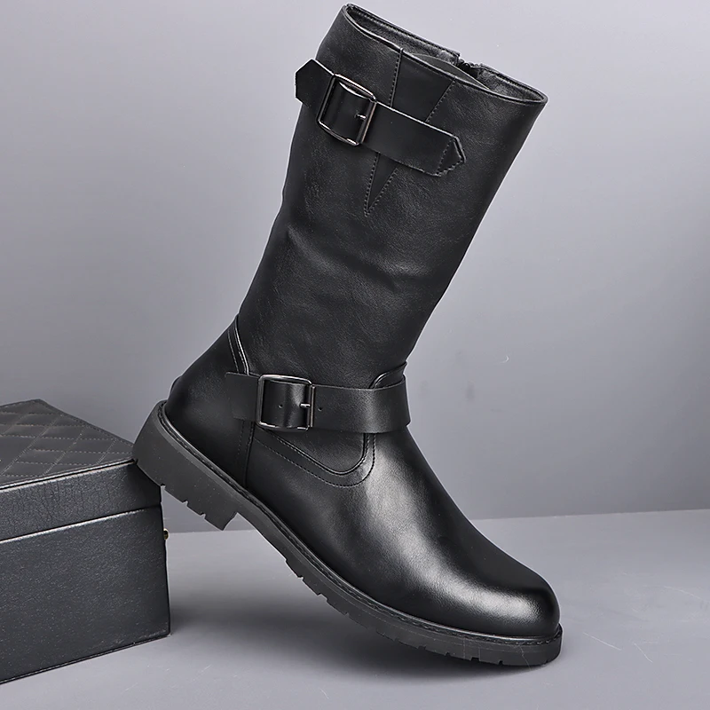 Botas de Motocicleta Estilo Inglês para Homens, Moda Cosplay, Botas Altas de Couro Natural Pretas, Botas de Cowboy para Outono e Inverno