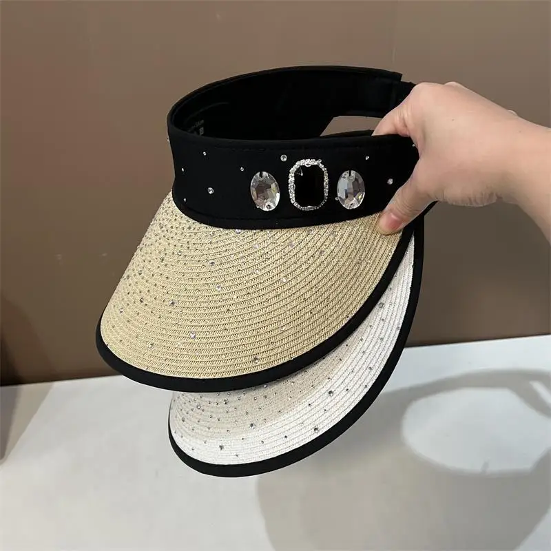 Full Rhinestone Women\'s Summer Hat Luxury Women Empty Top Sunshade Sun Hats Leisure Large Brim Travel Beach Sunscreen Panama Cap