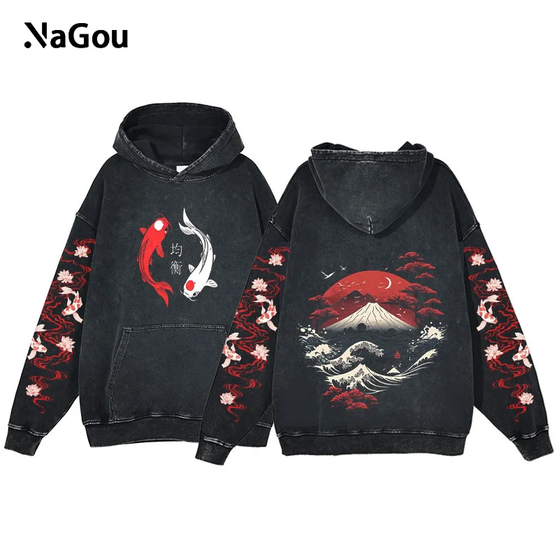 Y2K Anime Hoodie Ukiyoe Koi Fish Vintage Acid Wash Sweatshirt Men Hip Hop Hoodies Long Sleeve Oversized Harajuku Gothic Pullover