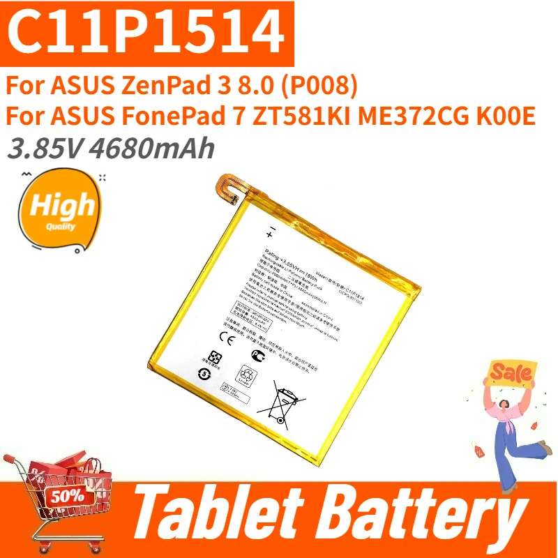 High Quality C11P1514 Tablet Battery 3.85V 4680mAh For ASUS ZenPad 3 8.0 (P008) / FonePad 7 ZT581KI ME372CG K00E Brand New