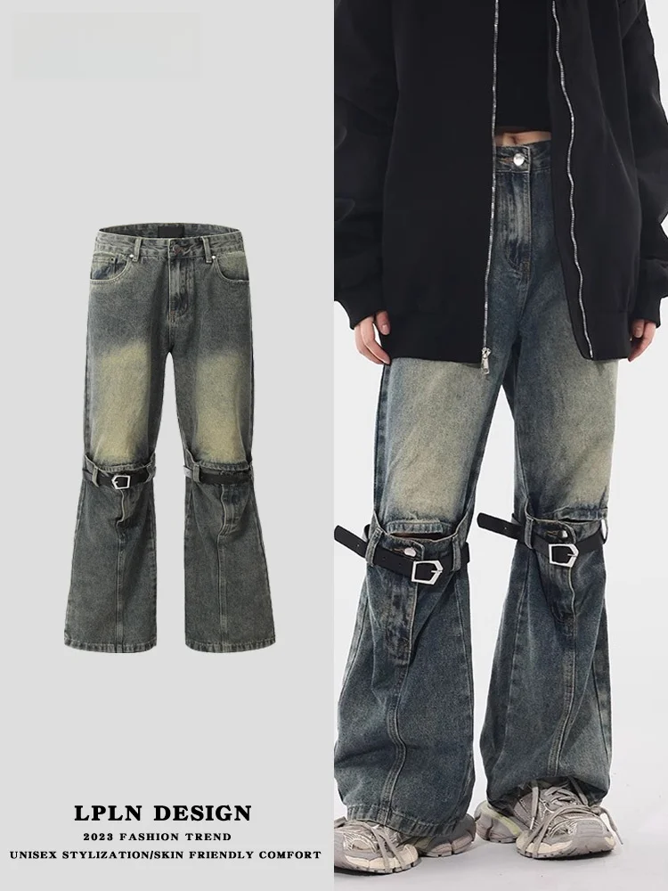 

LPLN American Retro Waed Bell Bot Jeans High Waist Belt Splicing Design Men's Long Pants Casual Loose Flared Leggings
