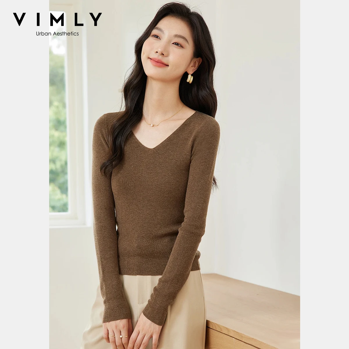 

Vimly Women's Knit Pullover Sweater 2025 Autumn Long Sleeve Slim Fit Stretchy Sweaters Casual Basic Versatile Daily Wear 73275