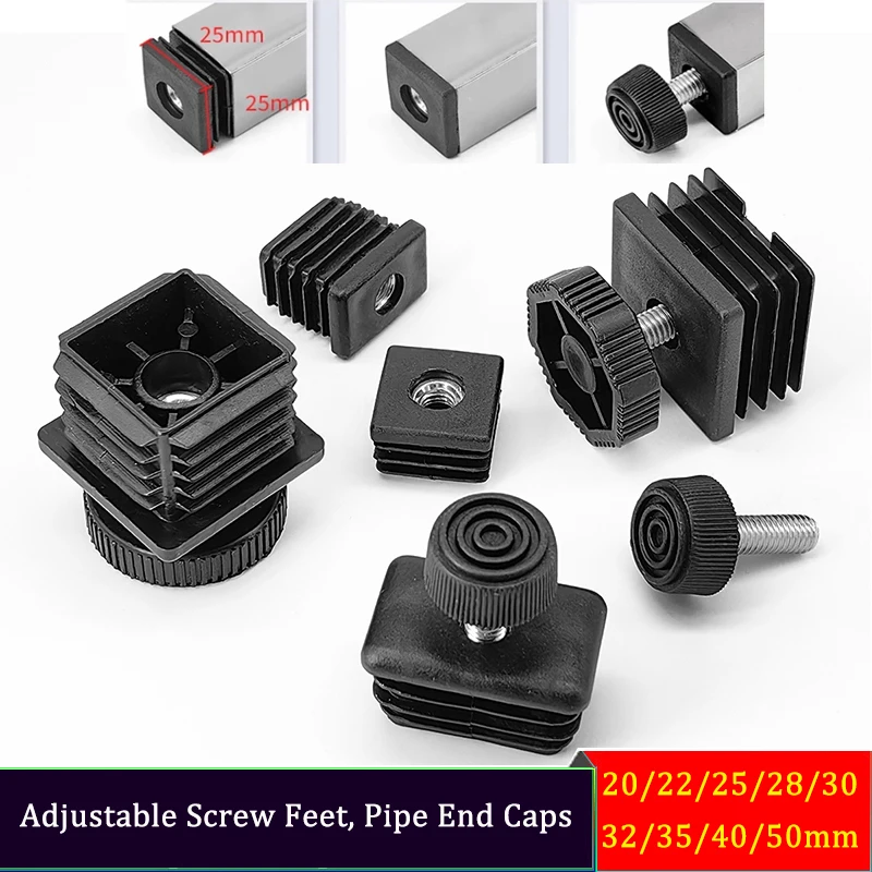 

M8 Black Square/Round Plastic Pipe Plugs, Adjustable Screw Leveling Feet, Furniture Leg Protector End Caps (20-50mm) - Anti-Slip