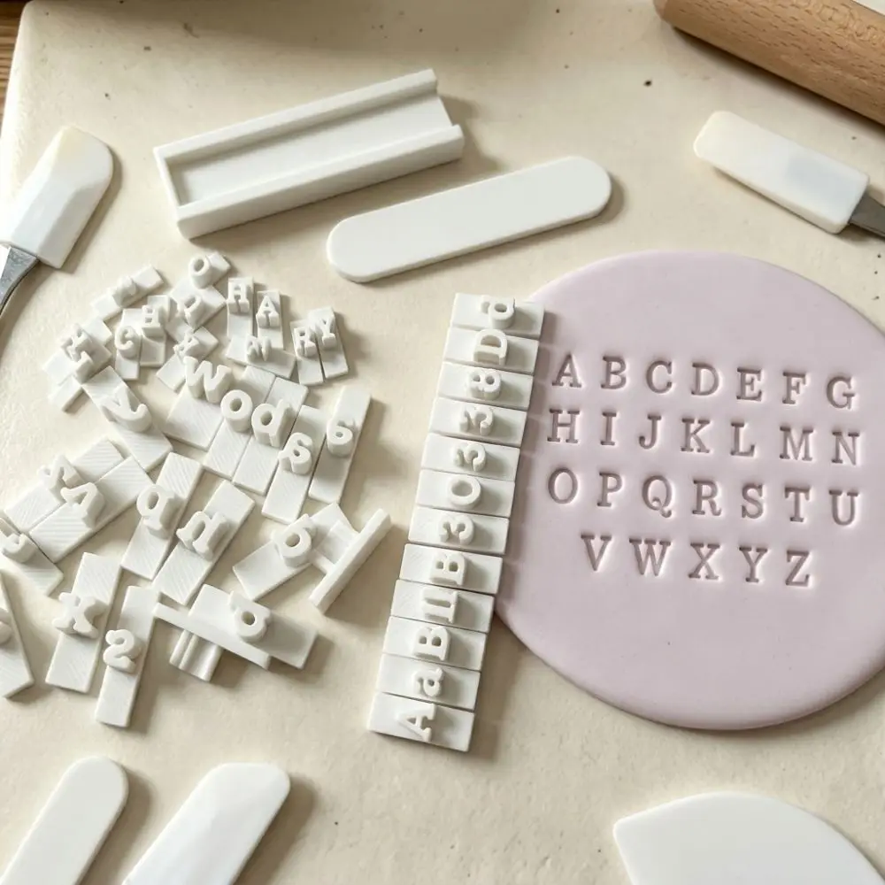 Handmade Clay Letter Number Stamp Set with 10 Number with Tray Upper Lower Case Clay Stamp with 26 Letter Plastic