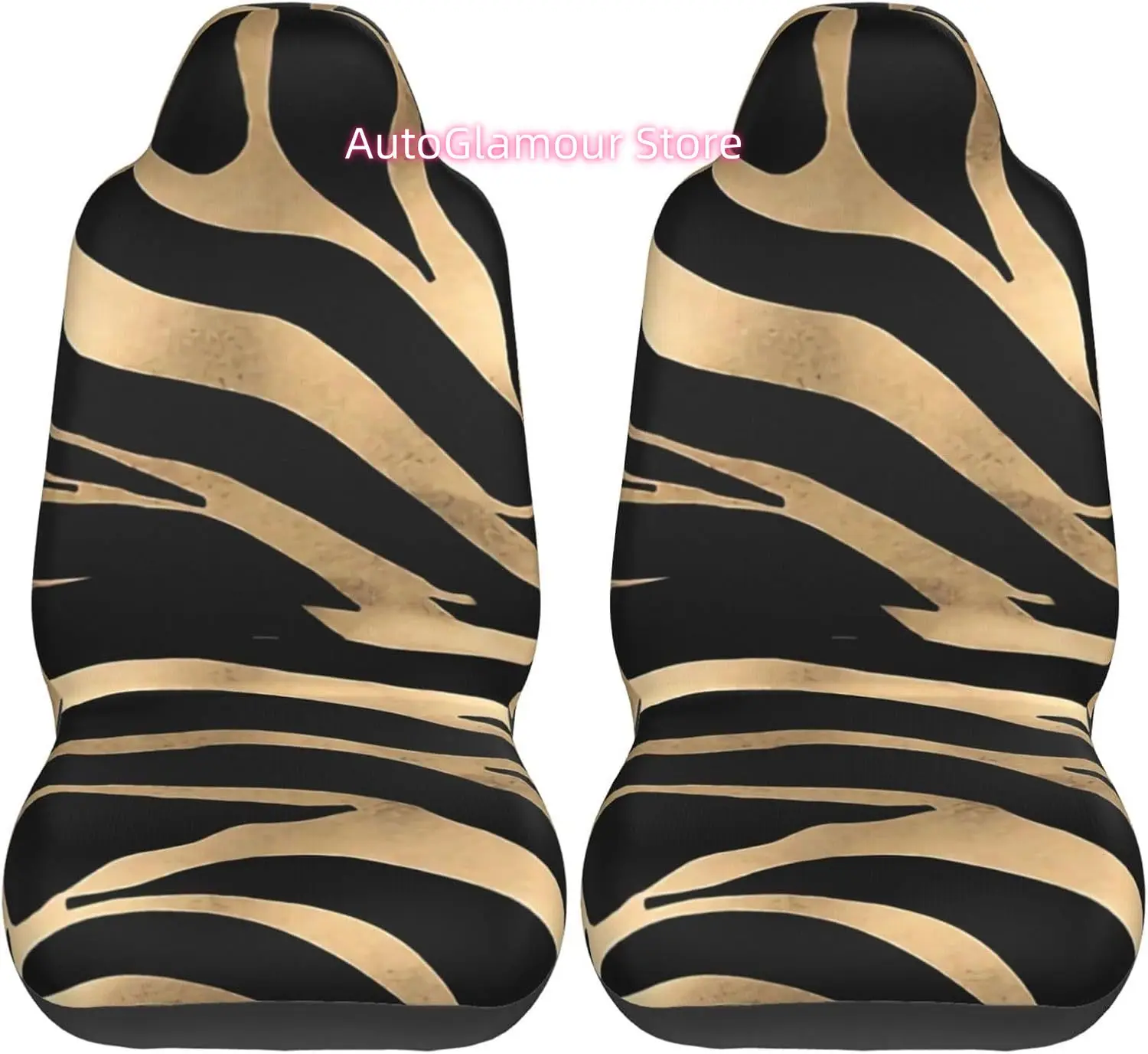 Elegant Metallic Gold Zebra Black Animal Print 2-Piece   Seat Cover Complete Set - Elastic Seat Protection Cover fo
