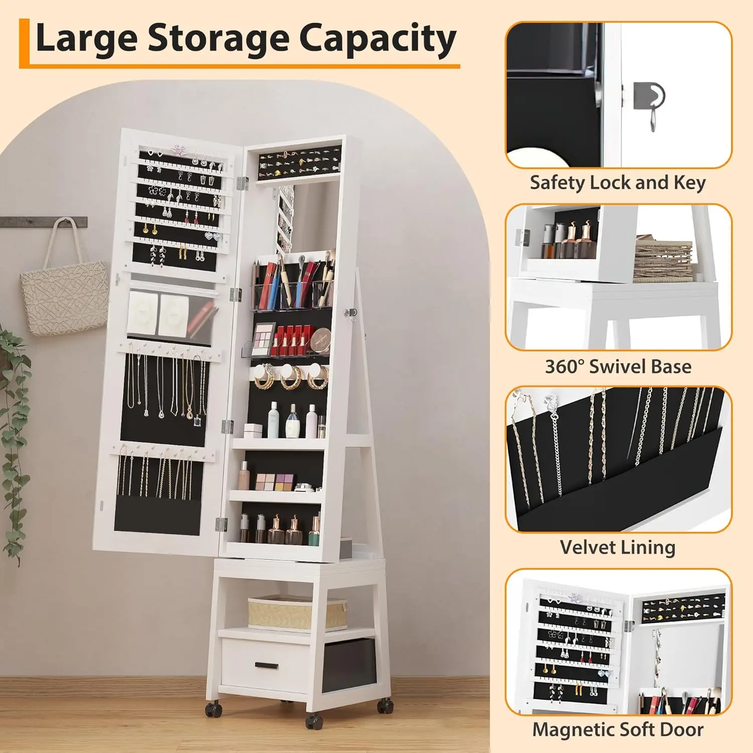 خزانة مجوهرات 4 في 1 مع مرآة وعجلات كاملة الطول، 360 درجة °   الدولاب للمجوهرات الدوارة، جوهرة مكياج قائمة بذاتها بطول 66 بوصة