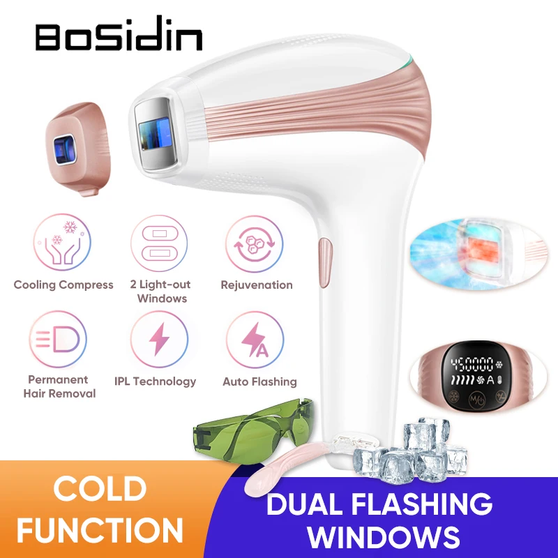 Bosidin Cool Laser Epilator IPL Hair Removal for Women 2 Flash Windows LCD IPL Epilator for Men Cold Laser Epilator Home Use