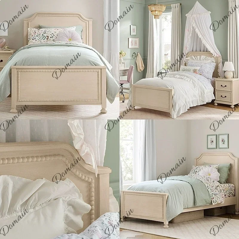 80 N Cream Beige Carved Solid Wood Single Bed, Rustic Girl Bedroom Light Luxury Simple Double Bed