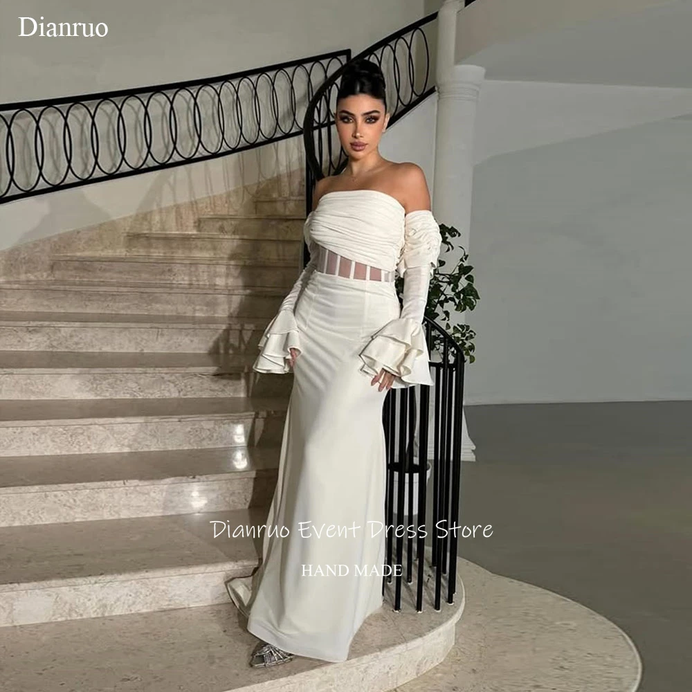 

Dianruo Illusion Bell Sleeves Evening Dresses Satin Ruched Bodice Prom Gowns Strapless Off Shoulder Robes De Soirée Customized