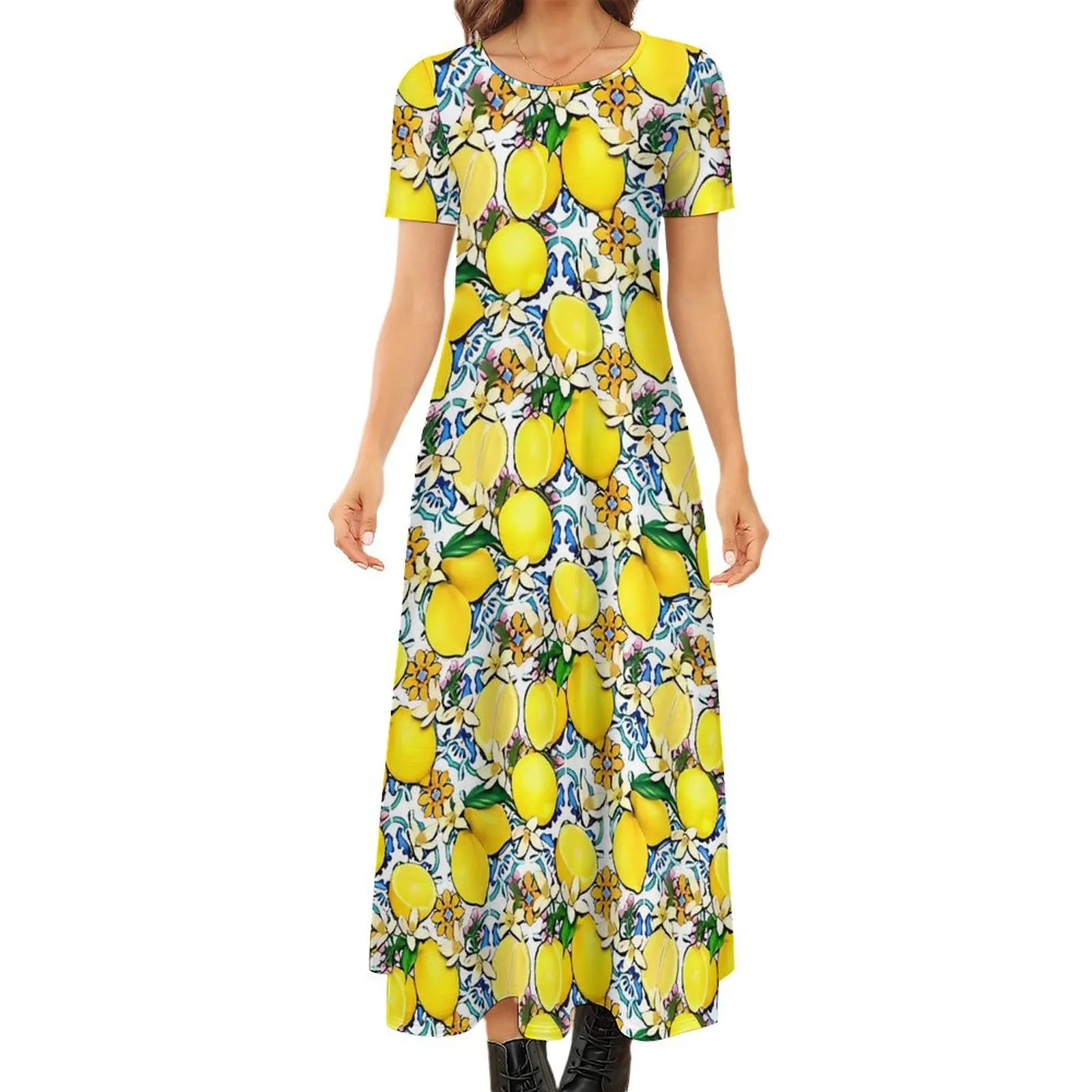 Fruit Print Dress Retro Lemon Print Cute Maxi Dress Female Short Sleeve Aesthetic Bohemia Long Dresses 5XL 6XL 7XL