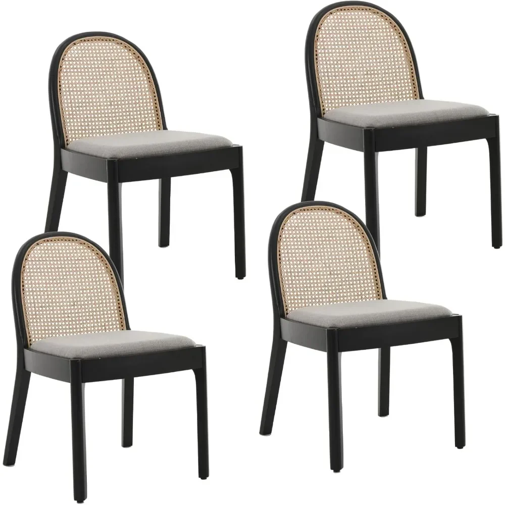 Linen Dining Chairs Set of 4, Natural Woven Rattan Cane Back Side Chairs with Wood Legs Mid Century Dinner Chairs for Kitchen