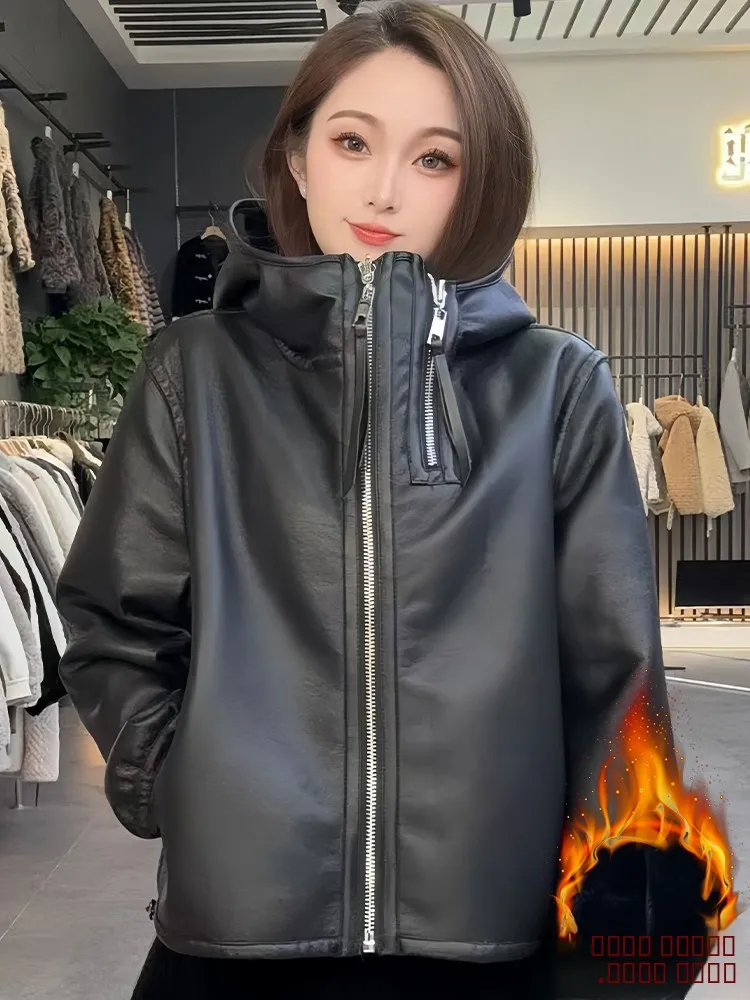  Early Autumn Women's Jaet Coat Hooded Light Thiened Leather Outerwear Casual Sle Long Sve Zipper Closure