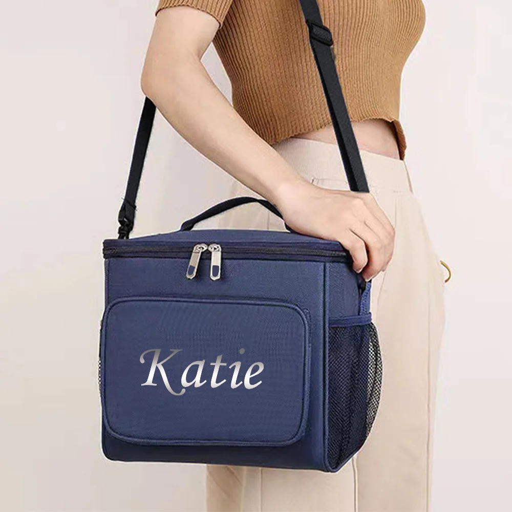 Customized Name Blue Lunch Bag Lunch Box Insulated Handbag Waterproof Camping Storage Box Refrigerated Food Storage Box