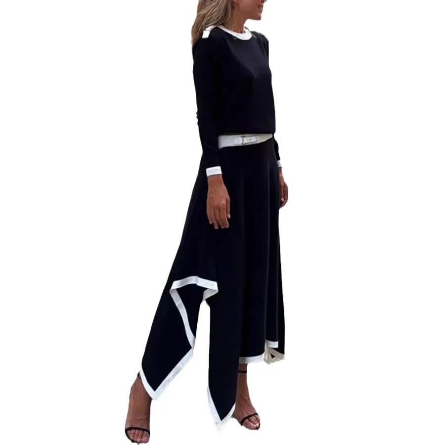 캐주얼 셔츠 맥시 스커트 투피스 세트, 여성 봄 가을 솔리드 패치워크 우아한 의상, 2025 오피스룩 긴팔 슈트