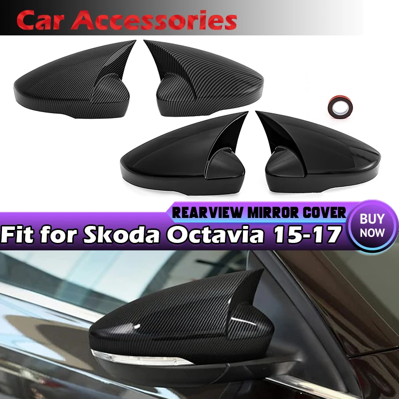 Add on Car Rearview Mirror Covers For Skoda Octavia 2015-2017 Side Wing Mirror Caps Bat Style Carbon Fiber Look/Glossy Black