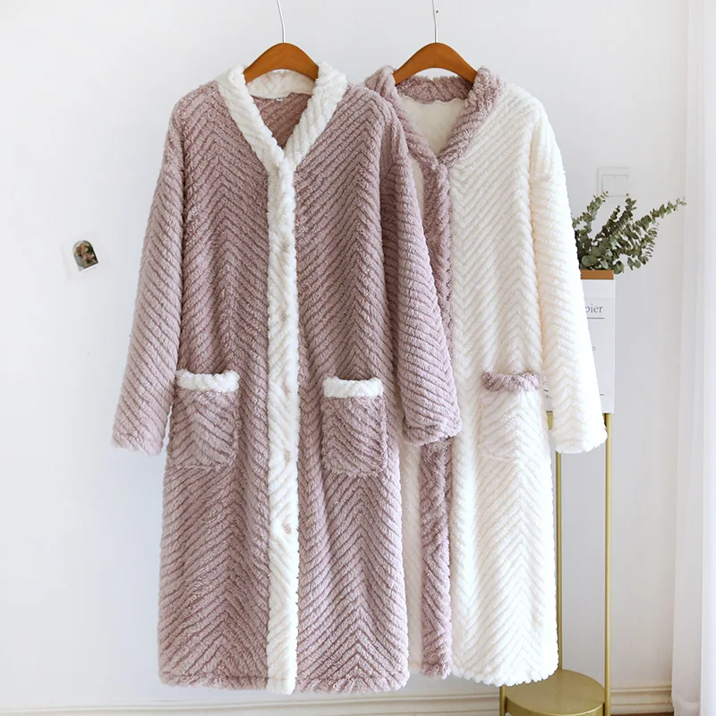 Winter Thicken Women\'s Nightgown Warm Solid Coral Fleece Bathrobe Long Sleeve Cardigan V-Neck Pajama With Pocket Home Nightdress