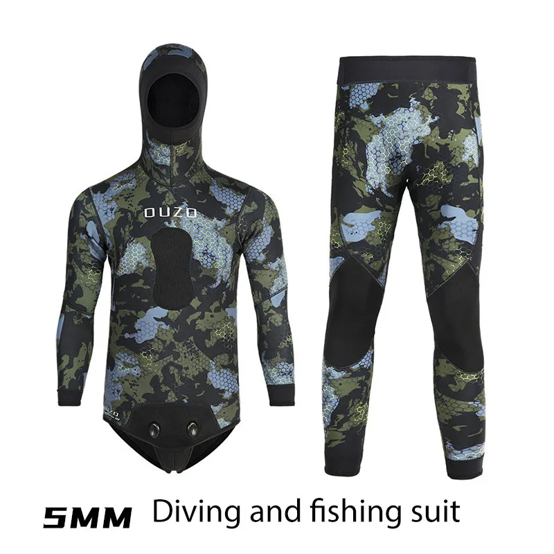 Men's Neoprene Suit for Underwater Hunting Two-pieces Thermal Diving Suit with Hood Camouflage Thicken Winter Wetsuit 5mm