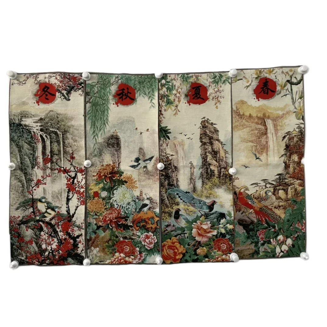 Spring, Summer, Autumn, and Winter Scenery Map Retro Four Screen Tangka Embroidery Home Decoration Hanging Painting