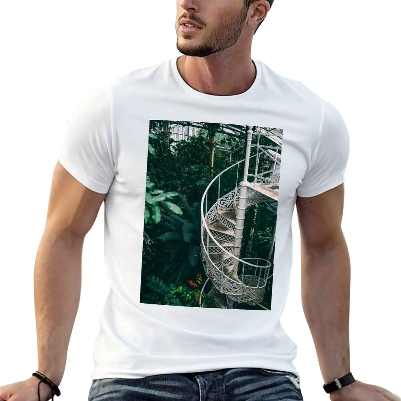 Camiseta de anime Green Garden, camiseta botánica, camisetas en espiral, escalera de algodón, en plantas, hombre de gran tamaño