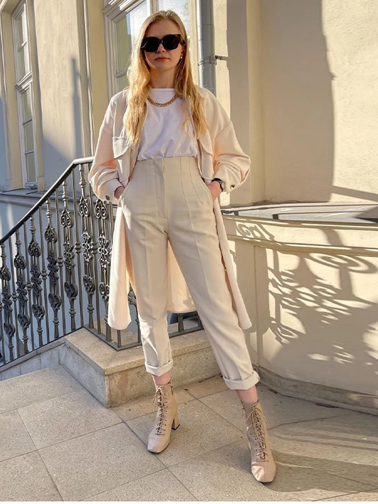 Calças Femininas Elegantes de Cintura Alta com Bolsos, Pregas e Zíper, Calças Soltas até o Tornozelo para Escritório Primavera 2026