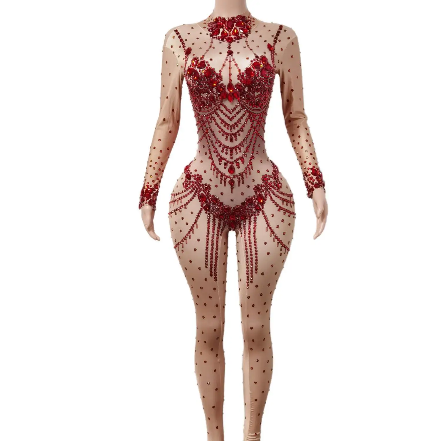 Women Sexy Stage Red Pearls Stretch Bodysuit Stage Dance Wear Jumpsuit Women's Party Female Singer Costume Celebrate Outfit