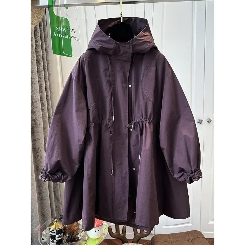 SuperAen Burgundy Drawstring Hooded Trench Coat Women's Coat Long Loose 2024 Spring and Autumn New Jacket