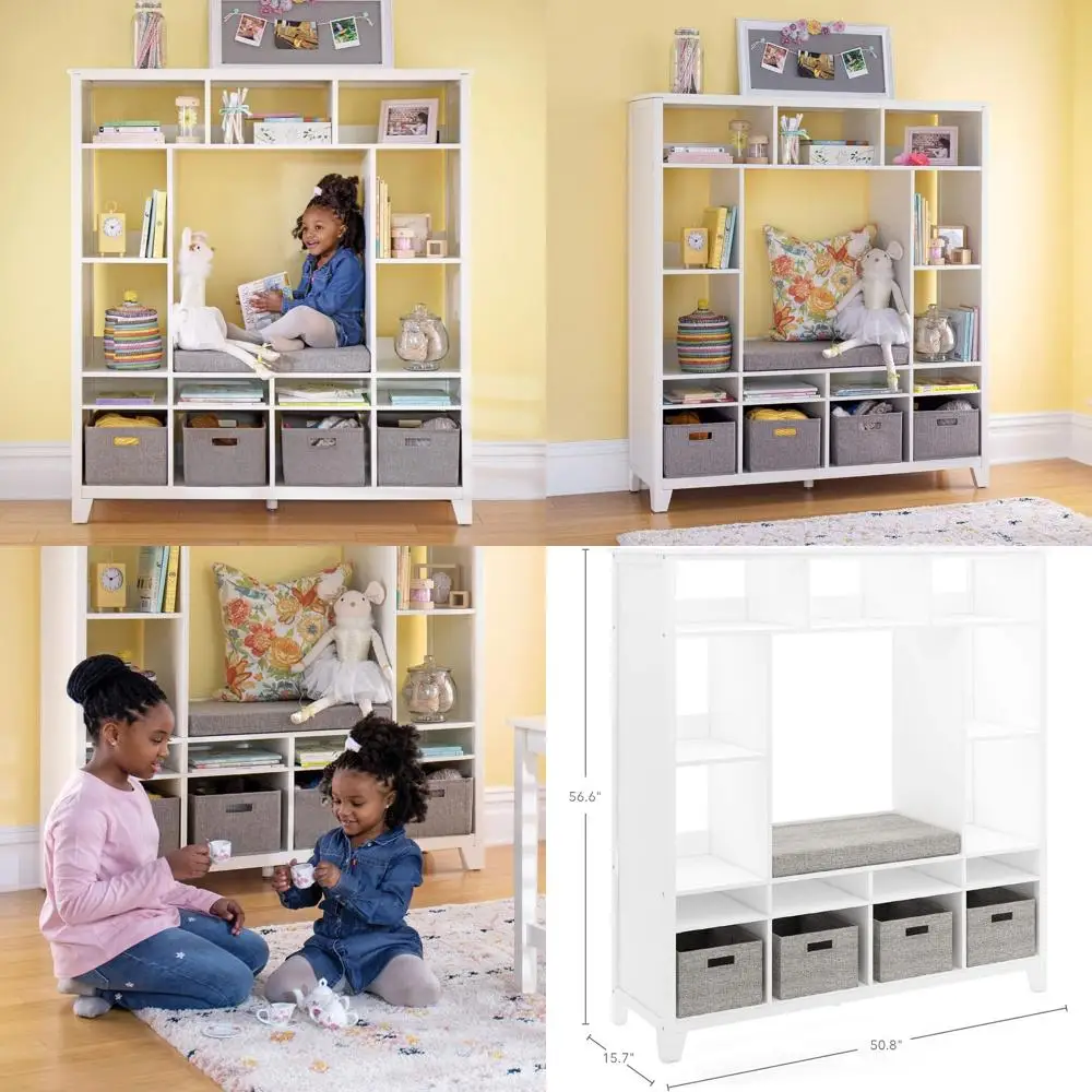 

Белая деревянная скамья-стеллаж с подушкой, полками и ящиками для детской комнаты и уголка для чтения