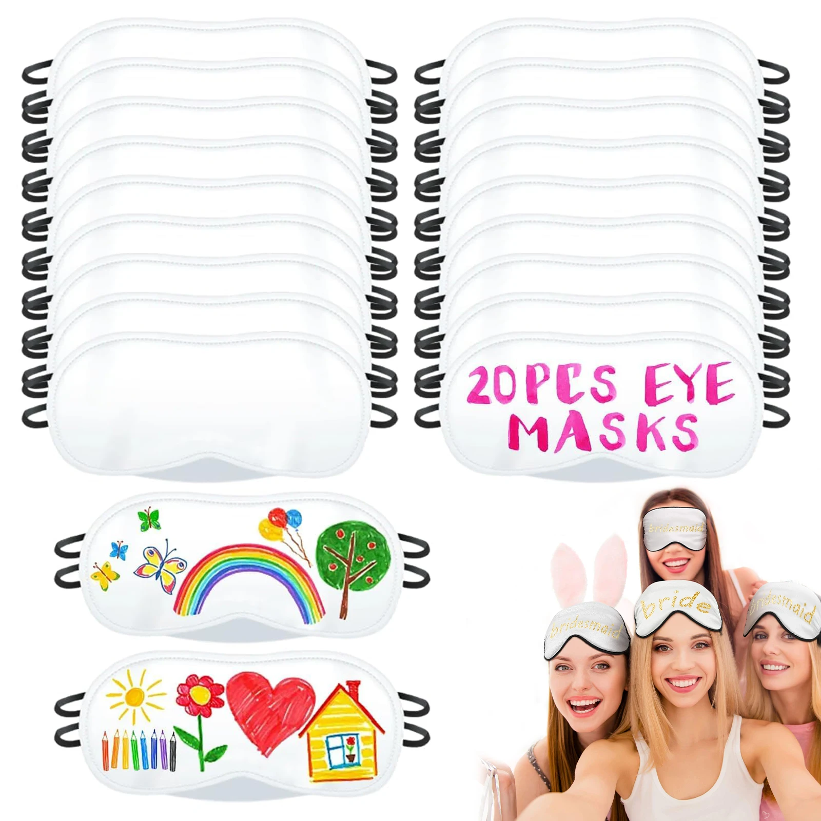 20 Pack Eye Masks Sleepover Party Supplies Girls Pajamas White Soft Blackout Eye Masks Color Fabric Markers Bulk Game Items