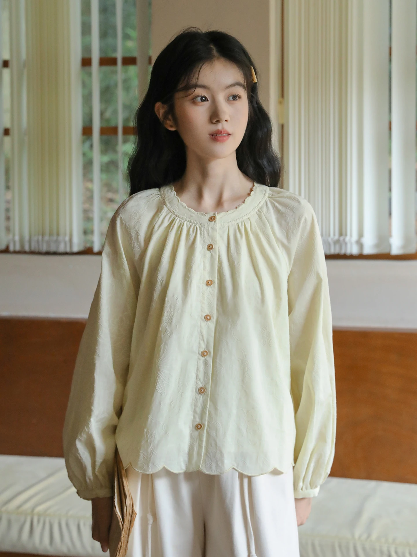 

Nesoulum Women's Long Sve irt Cr Yellow Velvet Embroidery k Pattern Loose Fit Cotton Spring Vintage Top