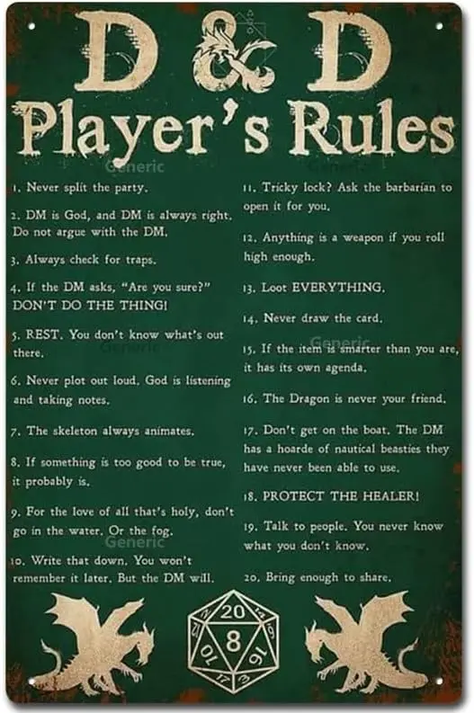 D-D Player's Rules Wall Art Home Decor Kitchen Poster Cafe Pub Plaque Tin Sign Home Decor Home Art Metal Signs Wall Art Wall