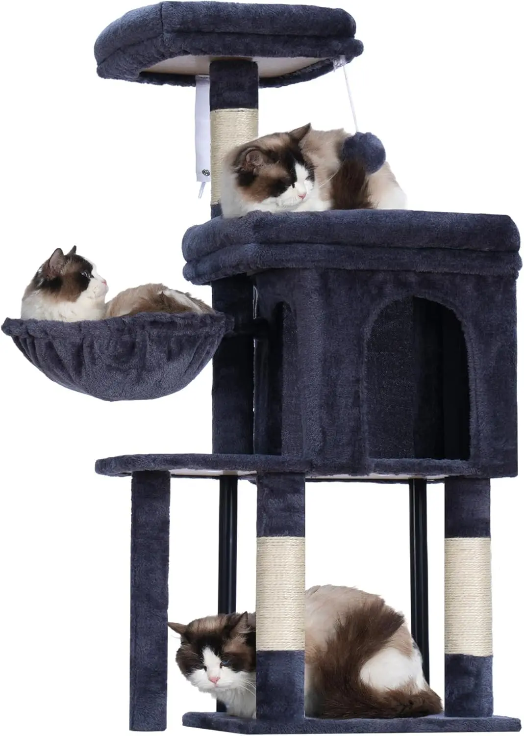 

Cat Tree Tower with Scratching Post, Cozy Condo, Padded Bed, Hammock, Plush Perch, Sisal Post, Ball, 44.9 Inches, Smoky Gray